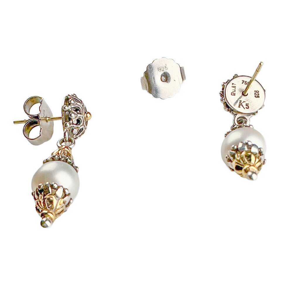 Konstantino Sterling w 18K YG Accents Cultured Pearls Pieced Earrings
