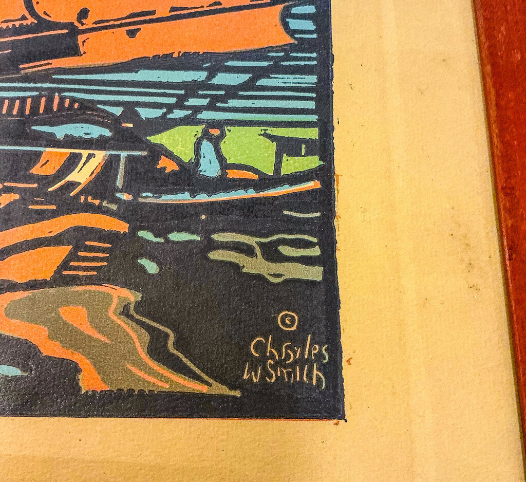 Charles William Smith. Chinese Junk Ship. Linoleum Color Print
