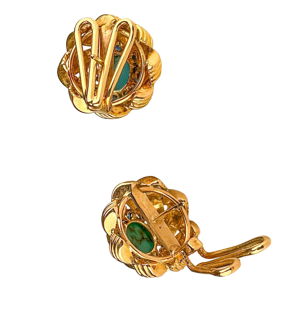 14K Gold w Turquoise & Sapphires Domed Knot-Motif Button Earrings
