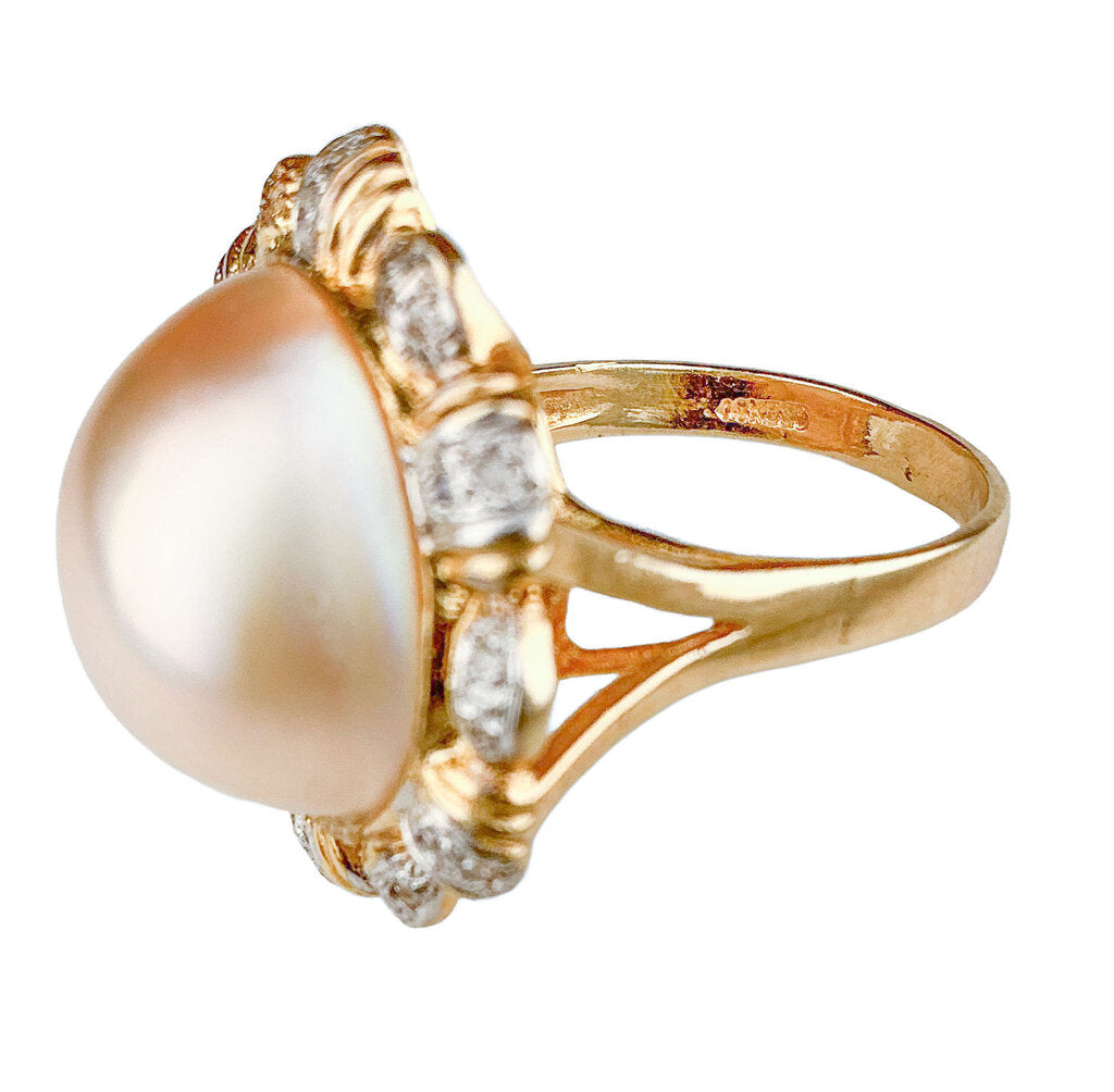 14K YG Ring set w Large Mabe Pearl & Diamonds
