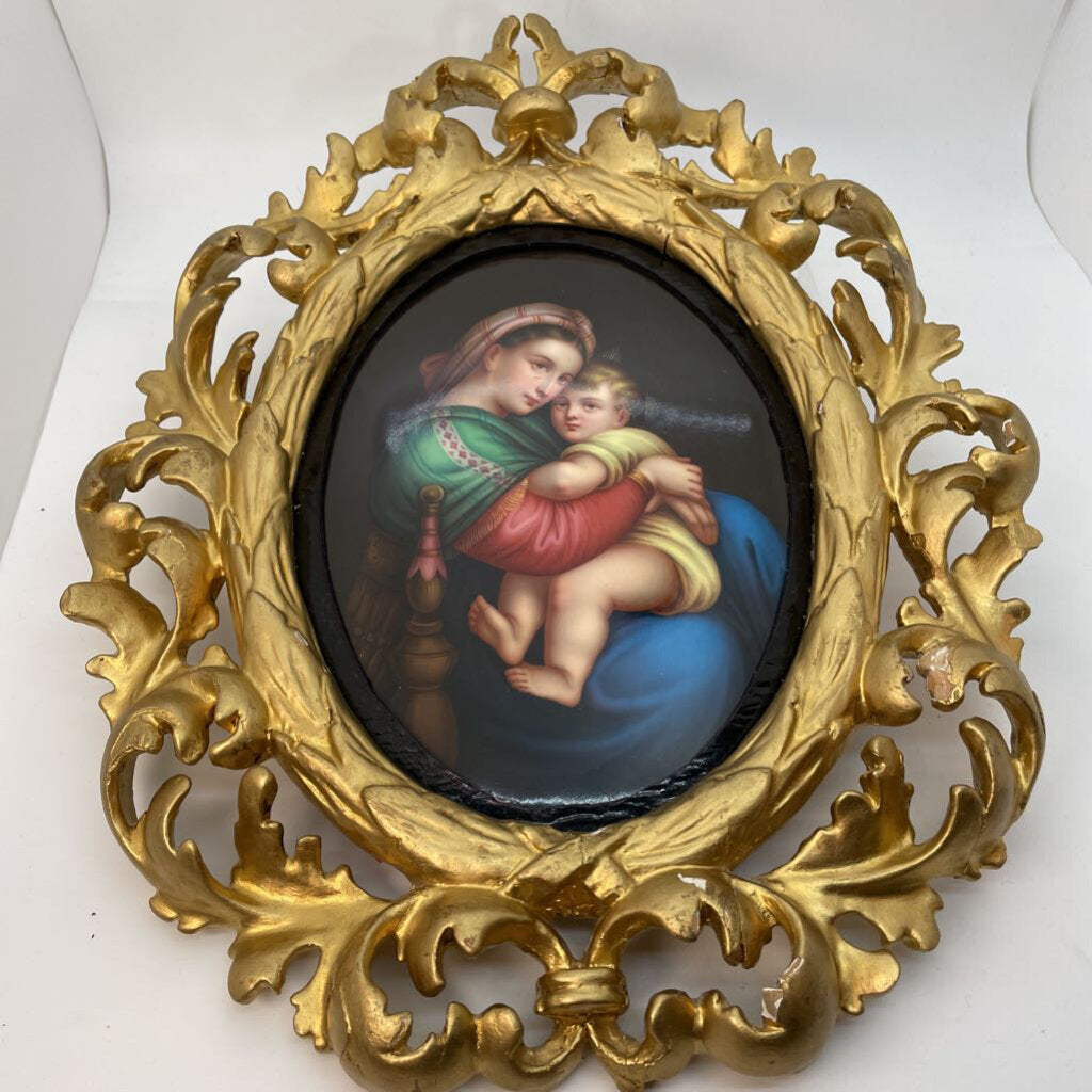 Gilt Framed Porcelain Plaque Madonna & Child