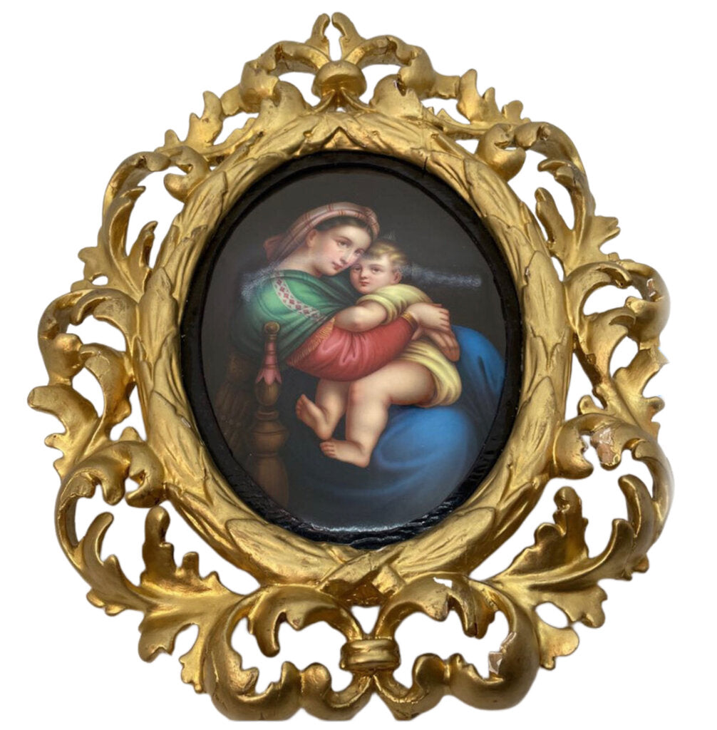 Gilt Framed Porcelain Plaque Madonna & Child