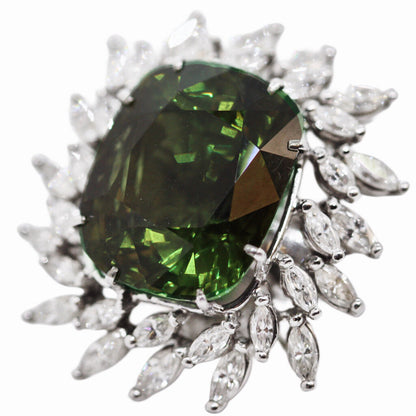 Exceptional 13.2 Carat Cushion Cut Green Chrysoberyl Ring w 32 Marquise Cut Diamonds Mounted in Platinum