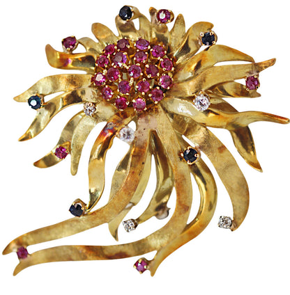 Retro 18Kt Gold Sunflower Brooch (Tested) Set w. Rubies, Diamonds & Sapphires