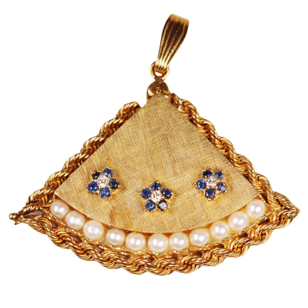 14Kt Gold Fan Shape Pendant w. Diamonds Sapphires & Pearls