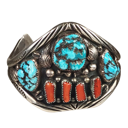 Vintage Navajo Turquoise Coral & Sterling Cuff Bracelet