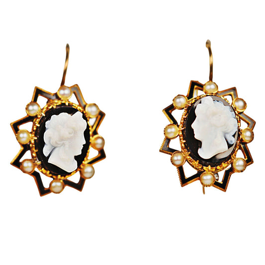 Antique 15Kt Gold Onyx Cameo Earrings w. Seed Pearls & Black Enamel