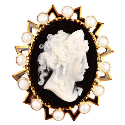 Antique 15Kt Gold Onyx Cameo Brooch/Pendant w. Seed Pearls & Black Enamel