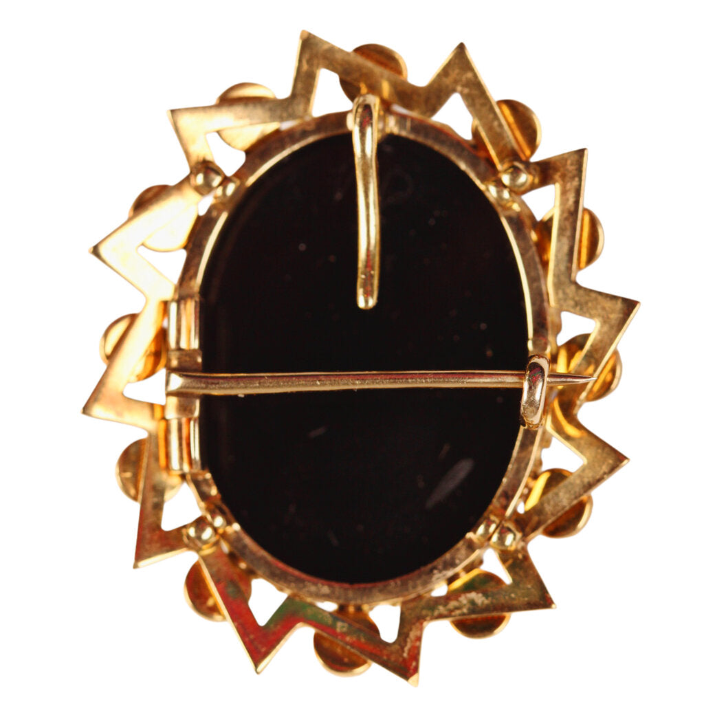 Antique 15Kt Gold Onyx Cameo Brooch/Pendant w. Seed Pearls & Black Enamel