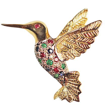 14Kt Gold Hummingbird Brooch melee Set w. Diamonds Rubies & Emeralds