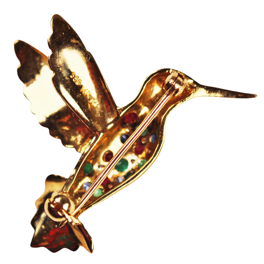 14Kt Gold Hummingbird Brooch melee Set w. Diamonds Rubies & Emeralds