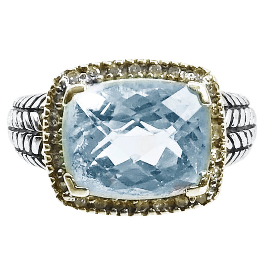 Sterling & 14Kt Gold Ring Set w. Checkerboard Cut Blue Topaz & Tiny Diamonds