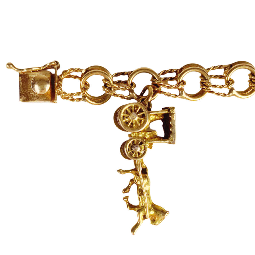 14Kt Gold Fancy Link Bracelet w. 4 14Kt Gold Charms One Set w. Gemstones