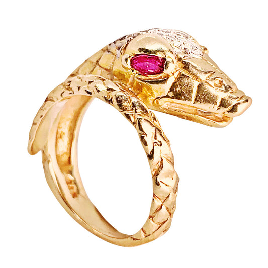 Vintage 14K Gold Snake Ring w. Pave Diamond Head & Ruby Eyes