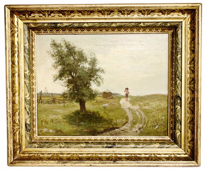 Barefoot Boy & Tree. Oil on Canvas. American C. 1910