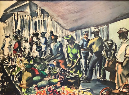 Perkins, "American Market Scene", Watercolor.