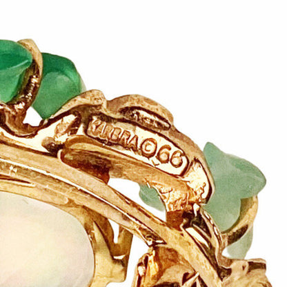 Arts & Crafts Style Water Opal & Carved Chalcedony 14Kt Gold Brooch Stamped Karbra