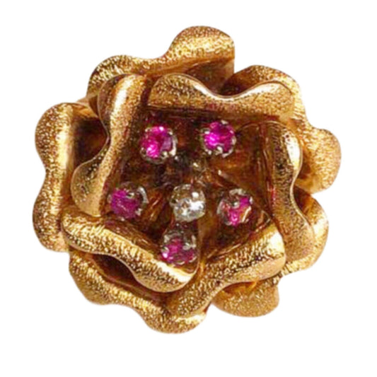 18Kt Diamond & Red Stone Flower Ring