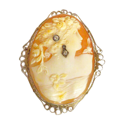 14Kt Diamond 1930s Shell Cameo Brooch