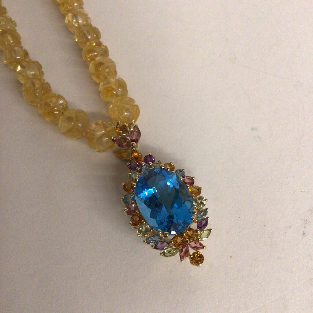 Carved Citrine Necklace w. Blue Topaz Pendant & Gemstones