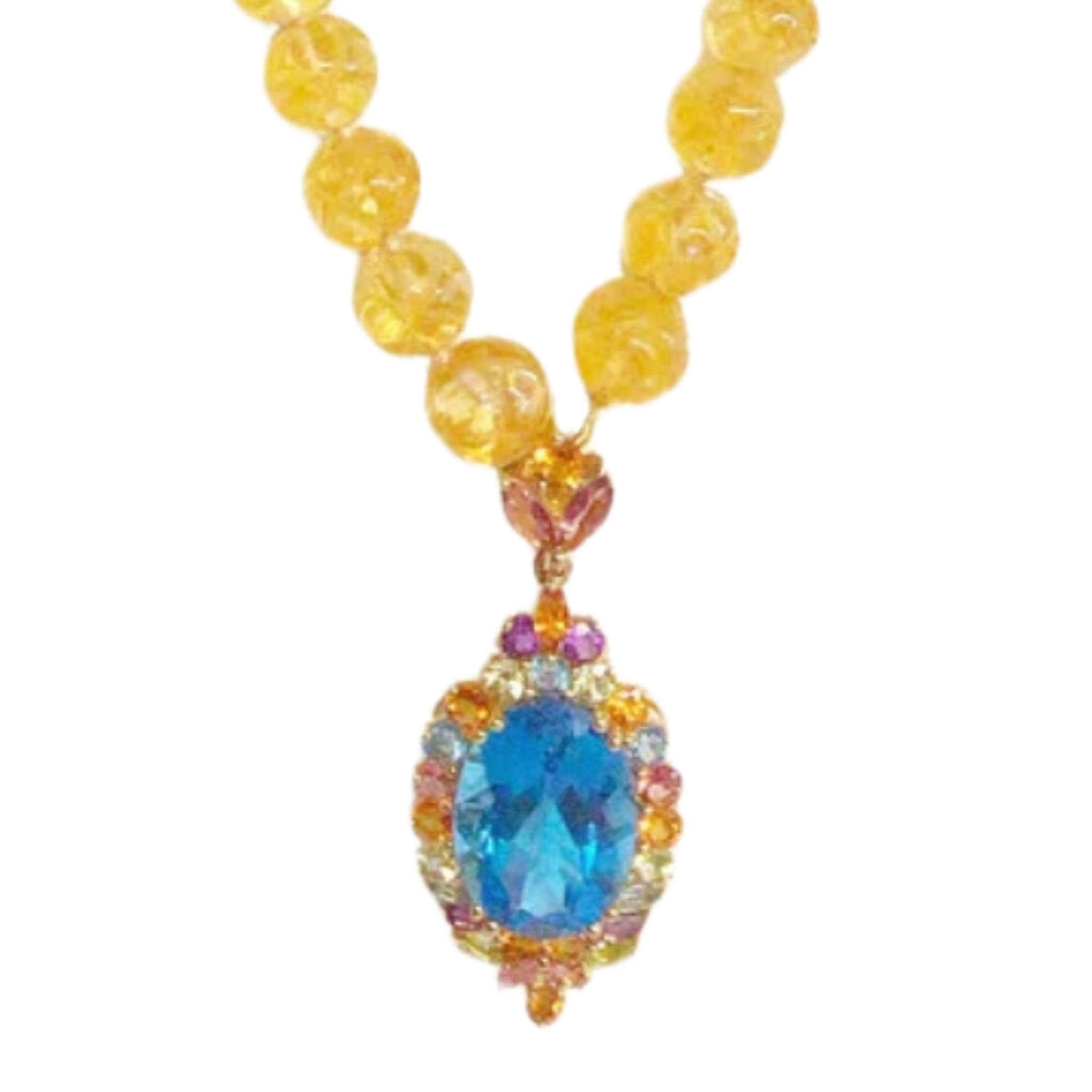 Carved Citrine Necklace w. Blue Topaz Pendant & Gemstones