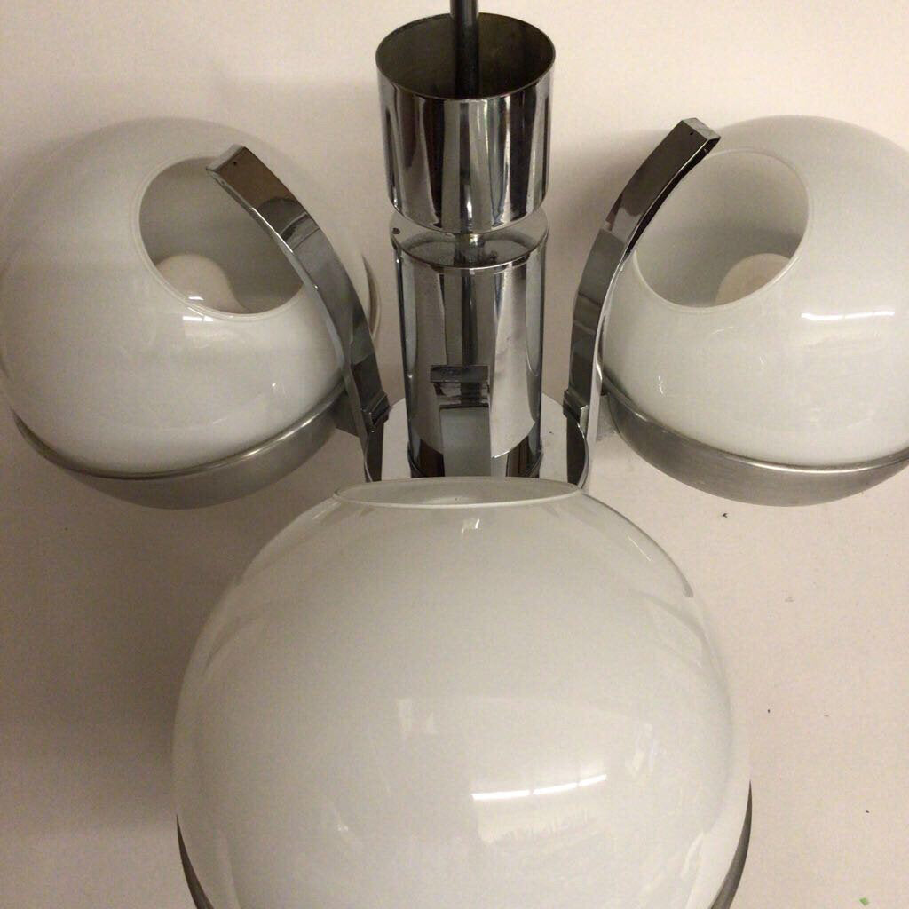 Modernist Chrome & Opaline Glass Chandelier, possibly Lamperti