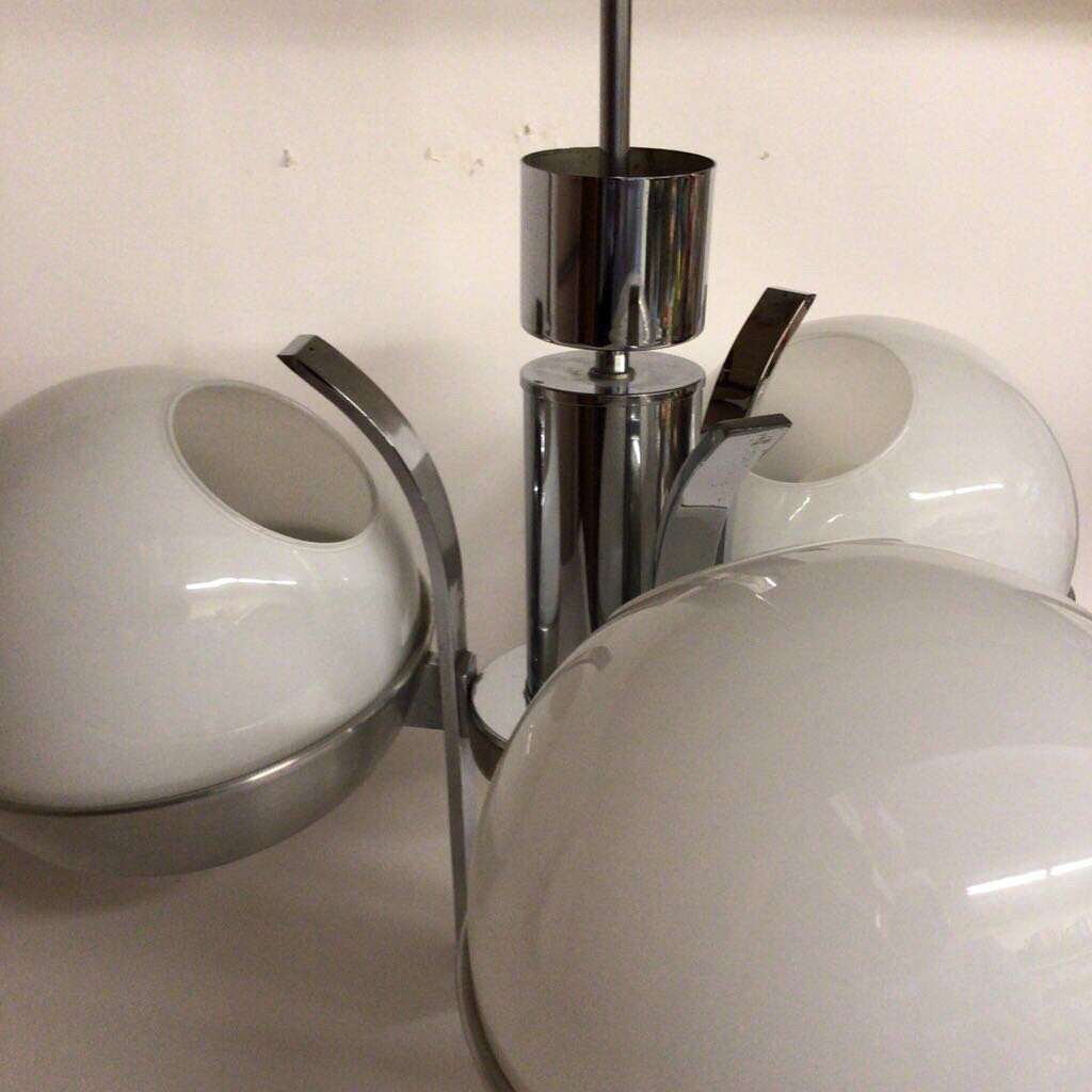 Modernist Chrome & Opaline Glass Chandelier, possibly Lamperti