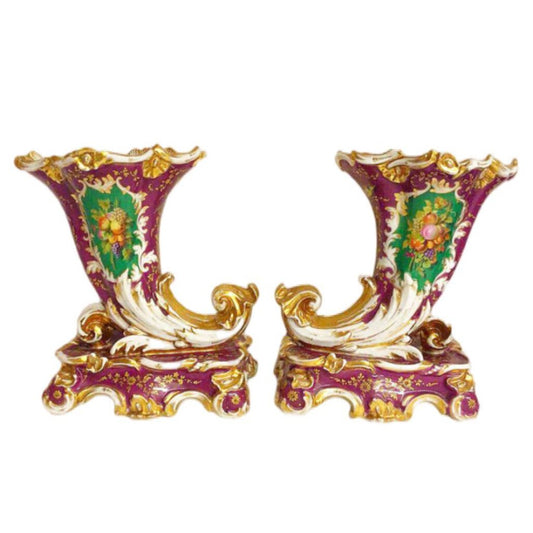 Pair of French Paris Porcelain Cornucopia Vases, One Marked MA