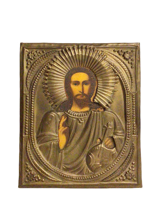 Antique Christ Pantocrator Icon, Handpainted - Opportunity Shop DC