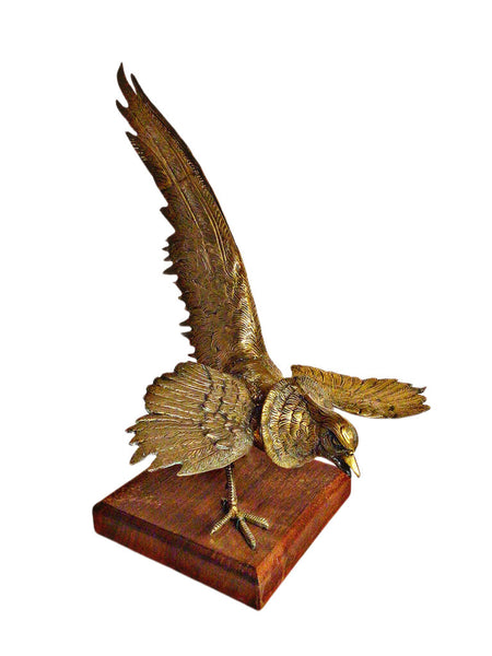 Metal Fighting Bird on Wooden Stand