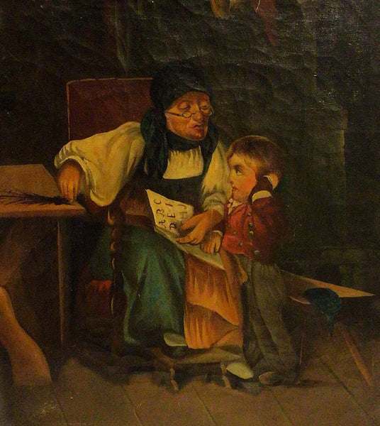 Naive American Oil on Canvas, Reading Lesson