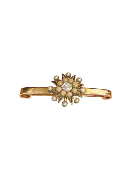 Antique Gold Pin w. Coral Pearls & Diamond, early 20th c