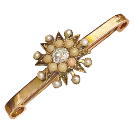 Antique Gold Pin w. Coral Pearls & Diamond, early 20th c