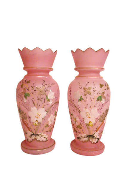 Pair of Hand Painted Pink Glass Vases