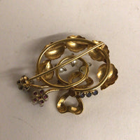 18Kt Gold Sapphire Ruby Pearl Vintage Brooch