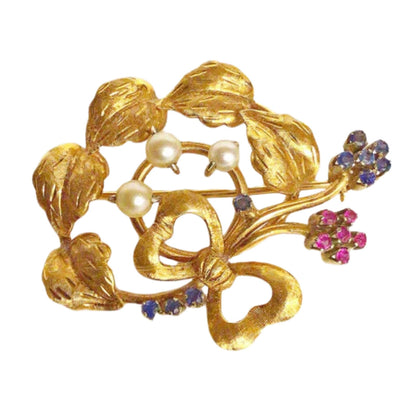 18Kt Gold Sapphire Ruby Pearl Vintage Brooch