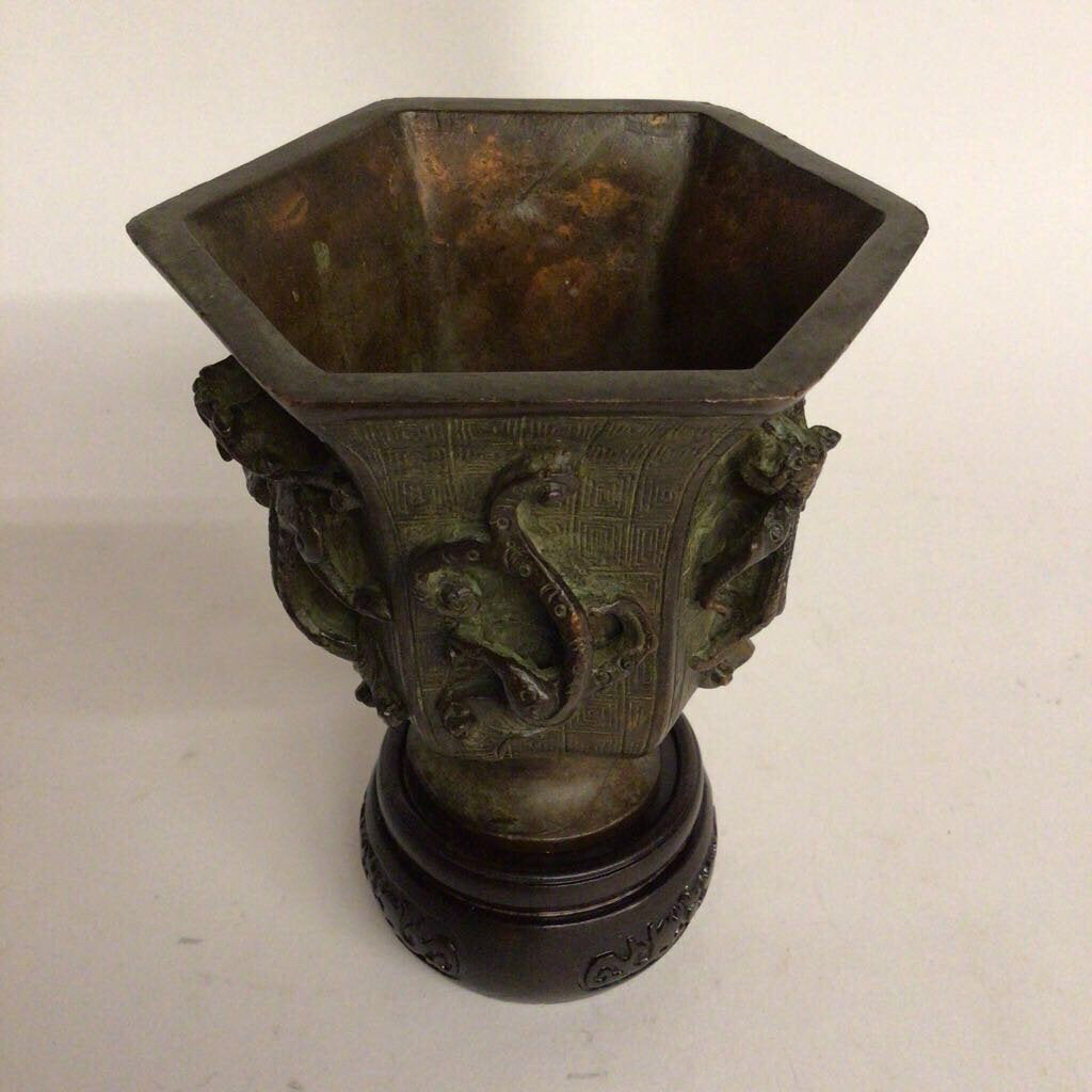 Patinated Metal Serpent Vase w/Stand