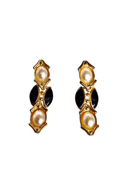 Pair of Earrings with Faux Pearl and Black Stones