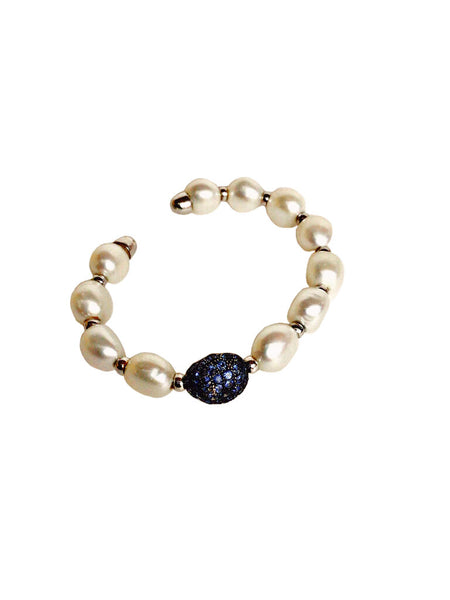 Cultured Pearl & Diamond Bangle Bracelet w/ Sapphires Encrusted Bead, WG
