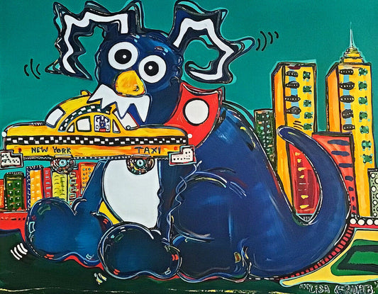 Lisa Grubb, Dog Eating Taxi. Acrylic on Canvas.