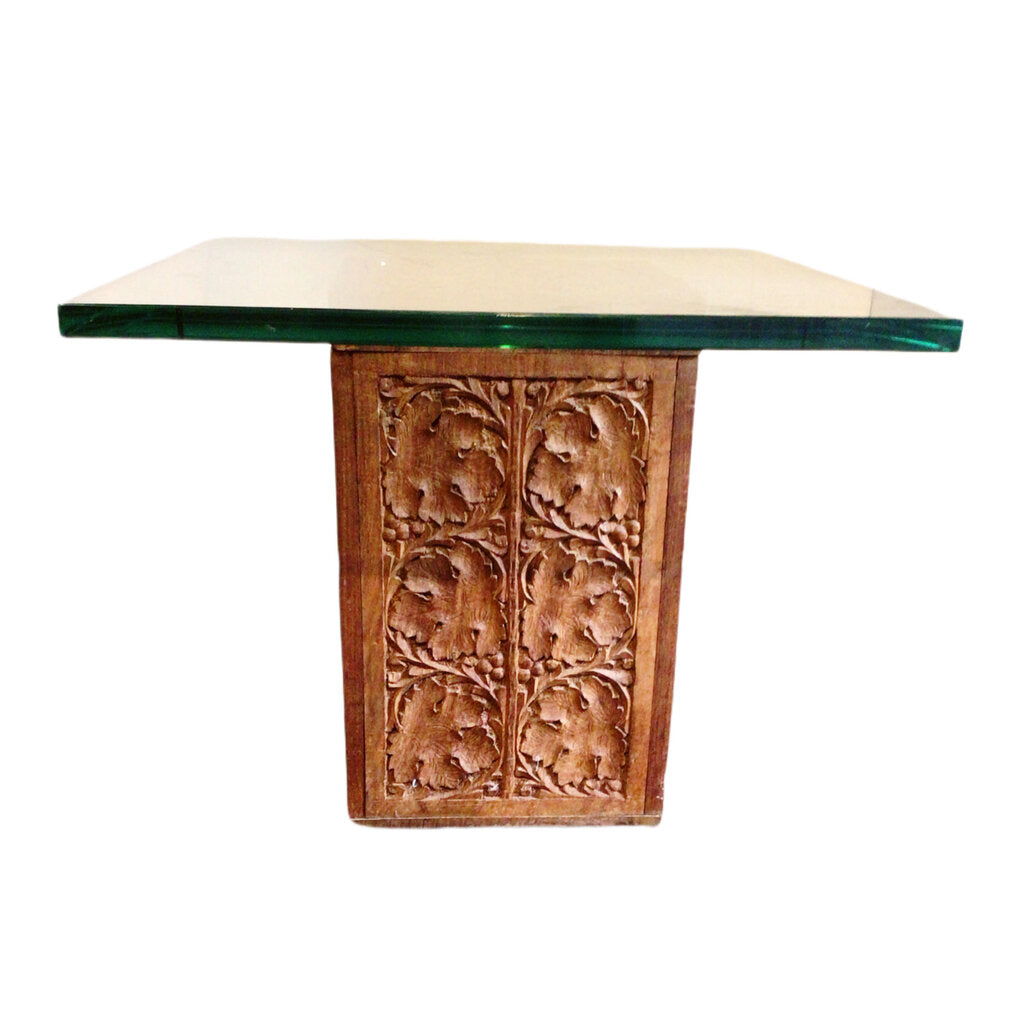 Indian Carved Wooden Side Table w/Glass Top