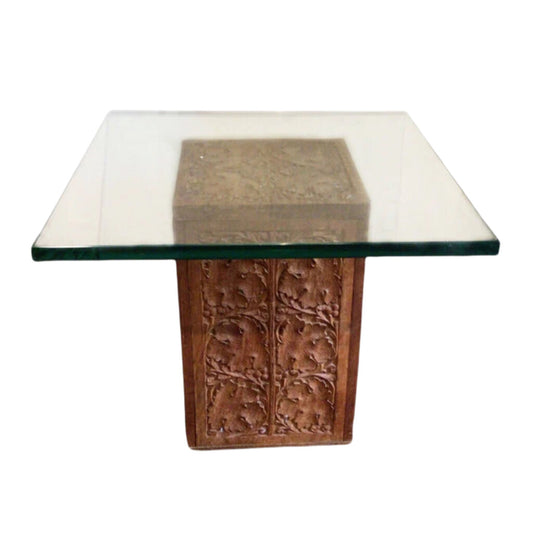 Indian Carved Wooden Side Table w/Glass Top
