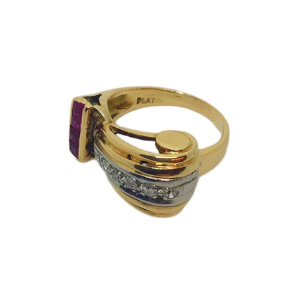 Gold & Platinum 1940's Swag Ring w. Diamonds and Rubies