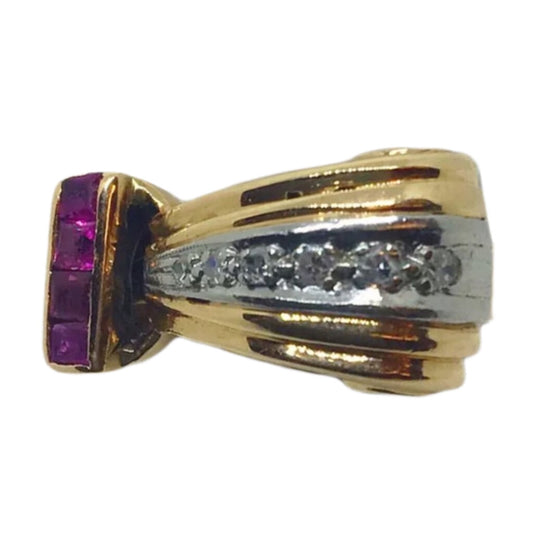 Gold & Platinum 1940's Swag Ring w. Diamonds and Rubies