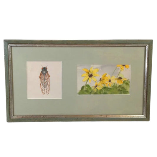 Attr. Marjorie Stodgell. Cicada & Black-Eyed Susans. 2 Pencil & Watercolor Drawings.