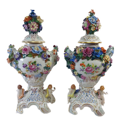 Pr. of Dresden Porcelain Flower Encrusted Urns