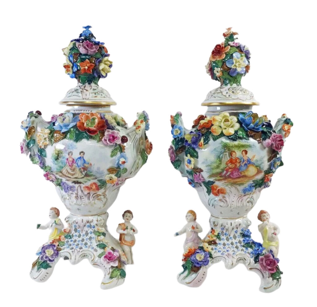 Pr. of Dresden Porcelain Flower Encrusted Urns