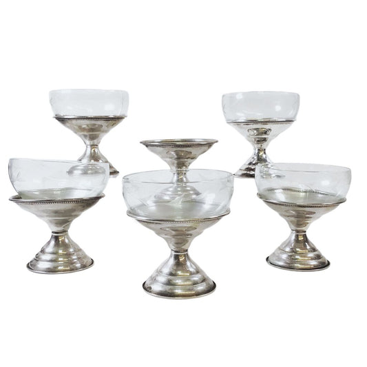 6 Newburyport Sterling & Glass Dessert Glasses, ca. 1905-14