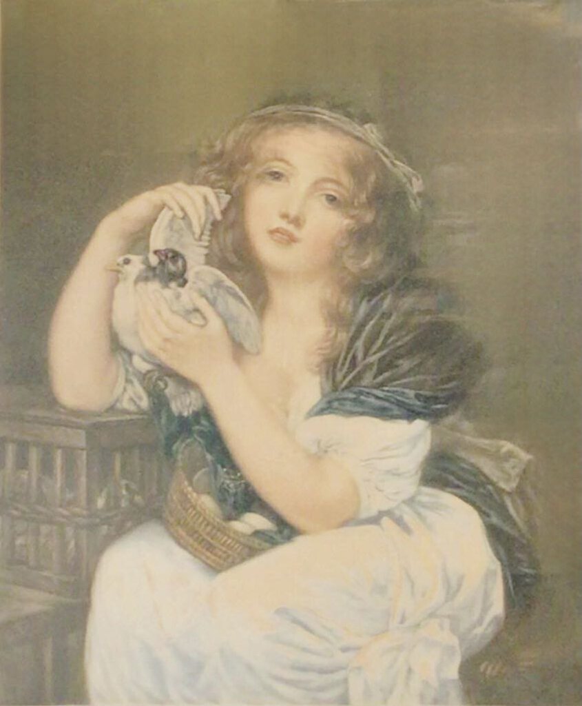 After Greuze, "Girl with Doves". Antique Mezzotint.