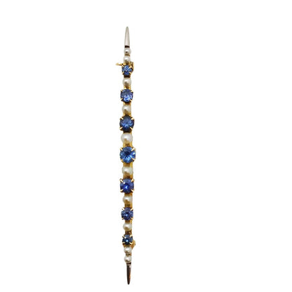 14K Gold Blue Stone & Pearl Bar Brooch